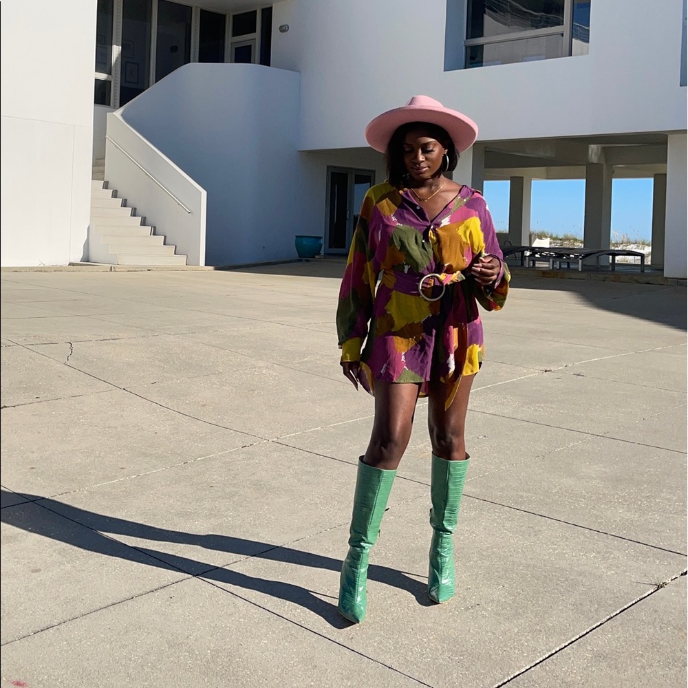 Green Croc print knee-high boots